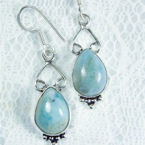 925 STERLING SILVER RARE NATURAL BLUE LARIMAR GEMSTONE DROP EARRINGS - 1.75"